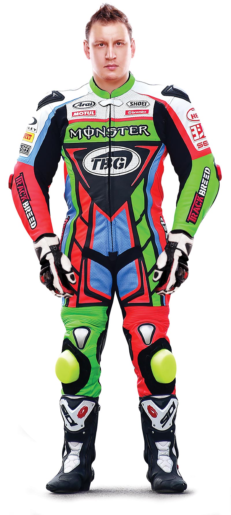 Man wearing one-piece motorcycle suit