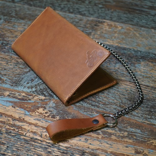 Lennie leather biker wallet in papaya with chain