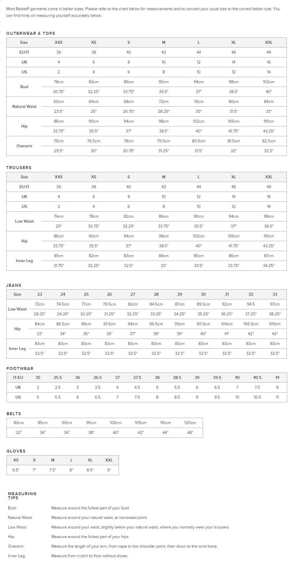 Belstaff Mens Jacket Size Chart