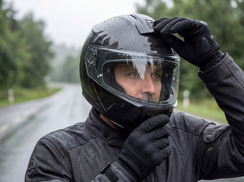 Man-wearing-Schuberth-C5-helmet-on-damp-day-adjusting-vents